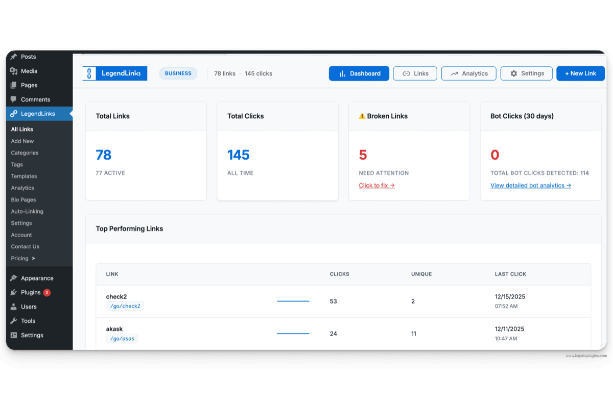 LegendLinks WordPress Dashboard - Link management, analytics, and performance metrics